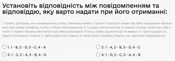 Установіть відповідність між повідомленням та відповіддю, яку варто надати при його отриманні...