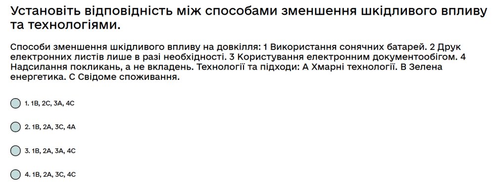 Установіть відповідність між способами зменшення шкідливого впливу та технологіями...
