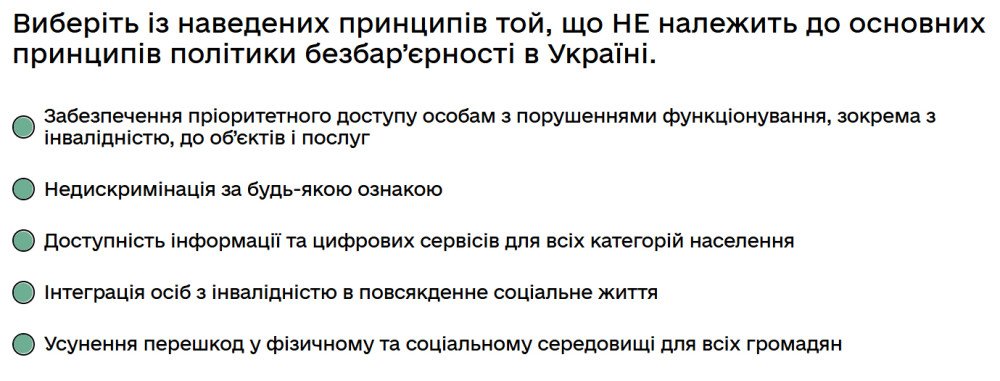 Виберіть із наведених принципів той, що НЕ належить до основних принципів політики безбар’єрності в...